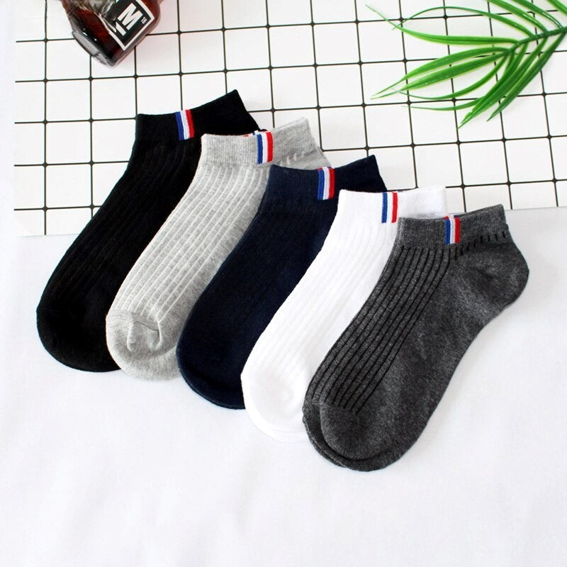 Anyfootwear 5 Pairs One Size 5-11 Grayscale Spring Summer Unisex Navy Solid Striped Cotton Ankle Casual Socks
