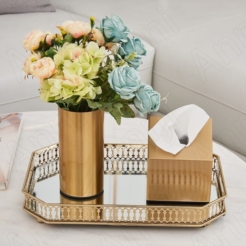 ANYHOUZ 35cm Gold Rectangle Glass Mirror Base Metal Vanity Food Serving Organisr Jewelry Cosmetics Storage Tray with Handle