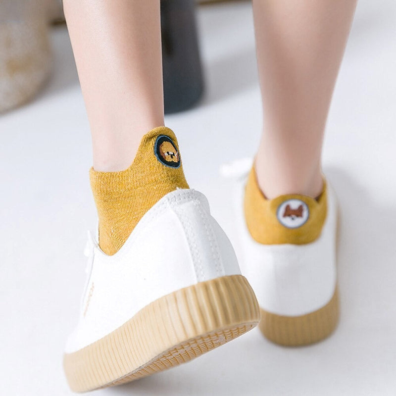 Anyfootwear 5 Pairs One Size 4-5 Khaki Fashion Funny Unisex Stereoscopic Heel Embroidered Women Candy Color Cotton Short Cute Socks