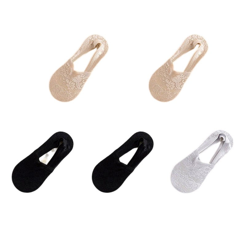 Anyfootwear 5 Pairs Size 5-9 Fashion Socks Lace Flower Style Breathable Antiskid Invisible Ankle Socks for Women (2 Khaki, 2 Black, 1 Gray)