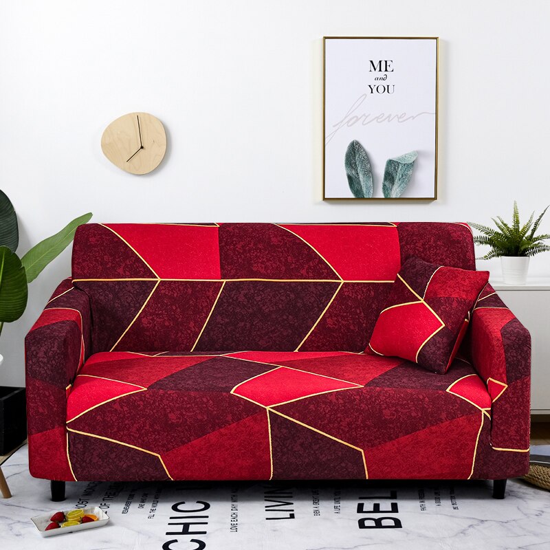 Anyseat 2 Seater Sofa Cover Red Geometric Style and Protection For Living Room Sofa Chair Elastic Stretchable Slipcover