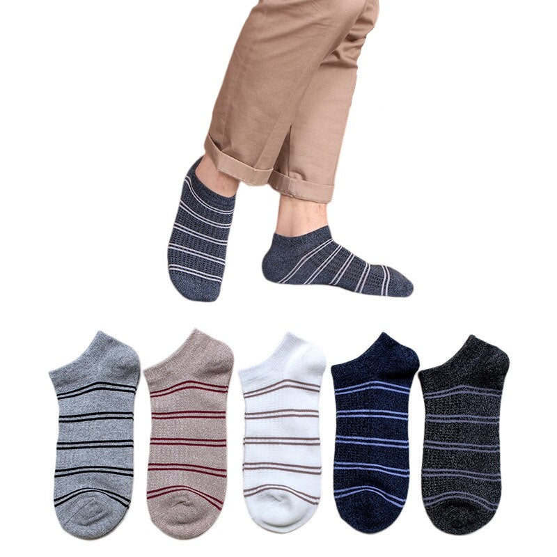 Anyfootwear 5 Pairs One Size 5-11 Multicolor Lines Spring Summer Unisex Navy Solid Striped Cotton Ankle Casual Socks