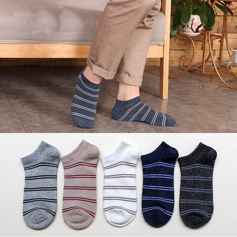 Anyfootwear 5 Pairs One Size 5-11 Multicolor Lines Spring Summer Unisex Navy Solid Striped Cotton Ankle Casual Socks