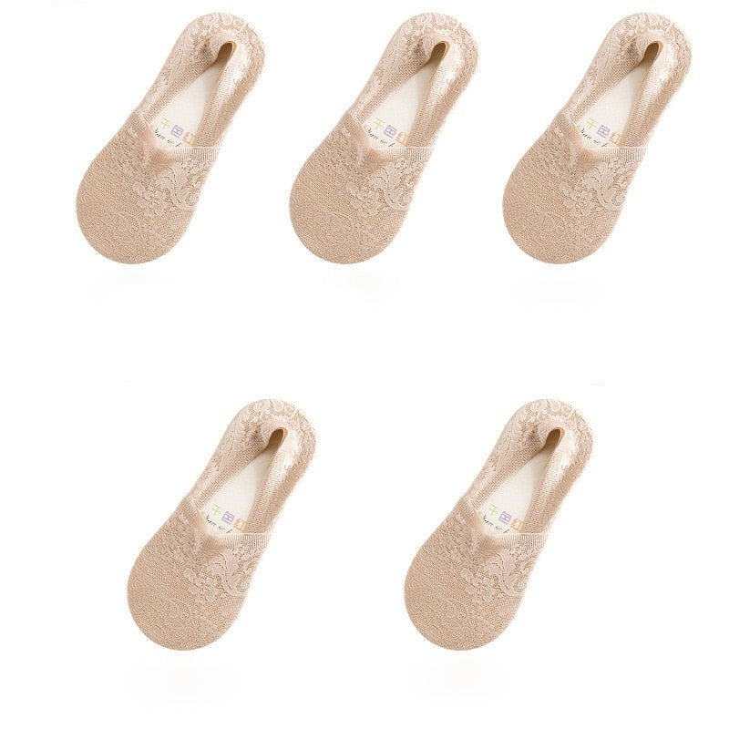 Anyfootwear 5 Pairs Size 5-9  Fashion Socks Lace Flower Style Breathable Antiskid Invisible Ankle Socks for Women Khaki