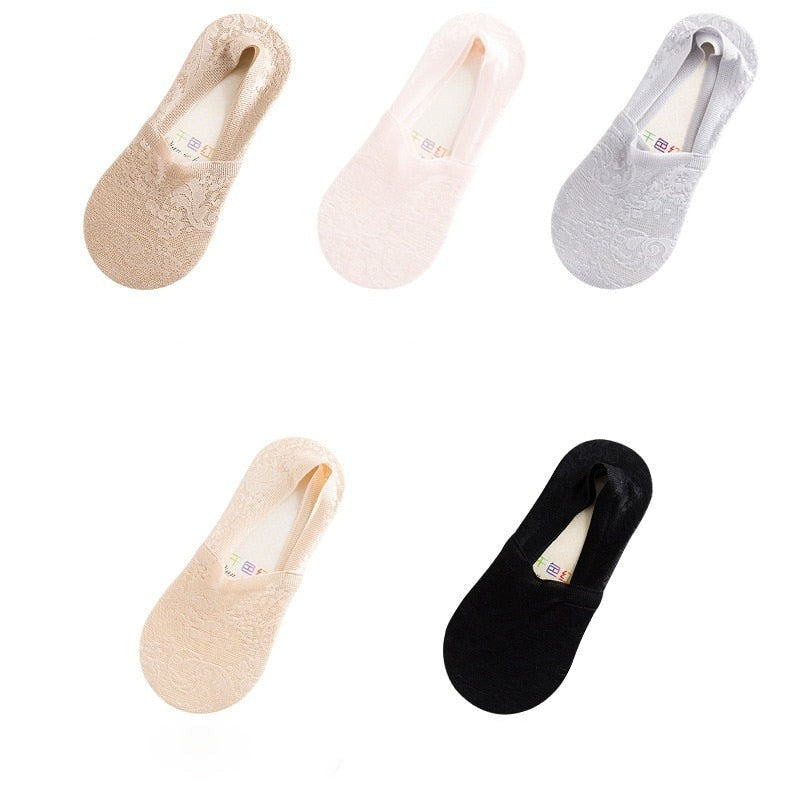 Anyfootwear 5 Pairs Size 5-9 Fashion Socks Lace Flower Style Breathable Antiskid Invisible Ankle Socks for Women (Khaki, Pink, Grey, Beige, Black)