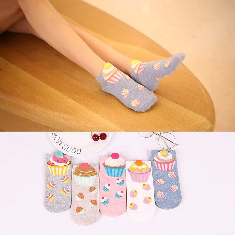 Anyfootwear 5 Pairs One Size 5-9 Multicolor Cake Summer Invisible Female Fashion Casual Cute Cartoon Short Cotton Ladies Dropship