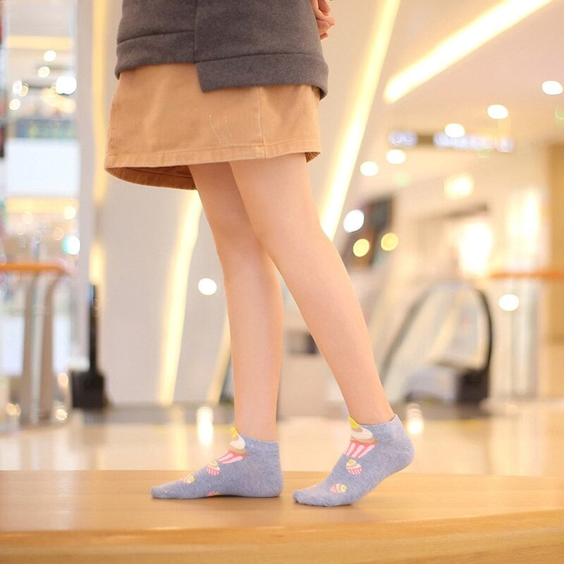 Anyfootwear 5 Pairs One Size 5-9 Multicolor Cake Summer Invisible Female Fashion Casual Cute Cartoon Short Cotton Ladies Dropship