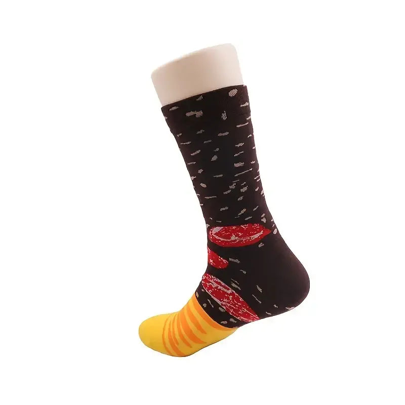 Anyfootwear 3 Pairs Multi-color Black Size 5-11 Fashion Socks With Pizza Sushi Design Happy Harajuku Skate Cotton Comfortable To Wear Christmas Gift