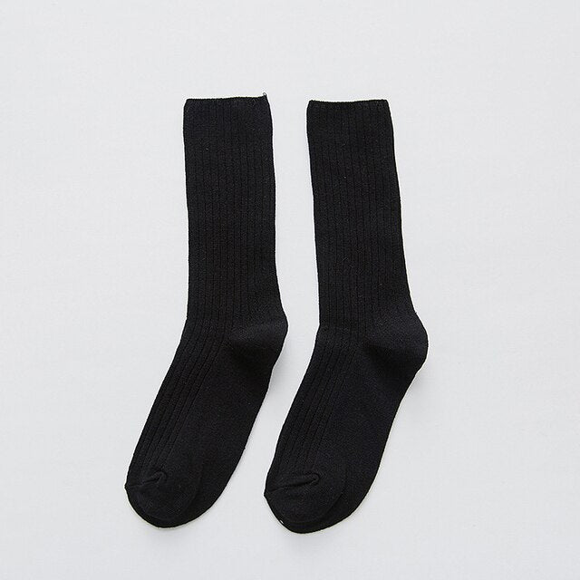 Anyfootwear 5 Pairs One Size 36-43 Black Retro Long Knitted Socks Cotton Autumn Winter Solid Color Women Student Girls
