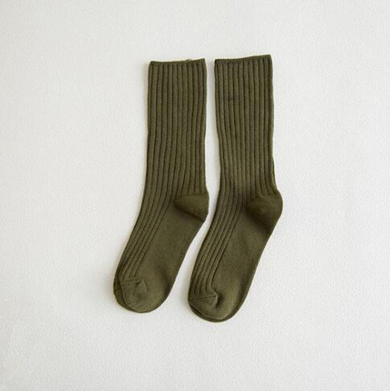 Anyfootwear 5 Pairs One Size 36-43 Green Retro Long Knitted Socks Cotton Autumn Winter Solid Color Women Student Girls