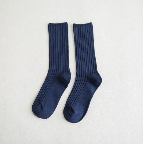 Anyfootwear 5 Pairs One Size 36-43 Blue Retro Long Knitted Socks Cotton Autumn Winter Solid Color Women Student Girls