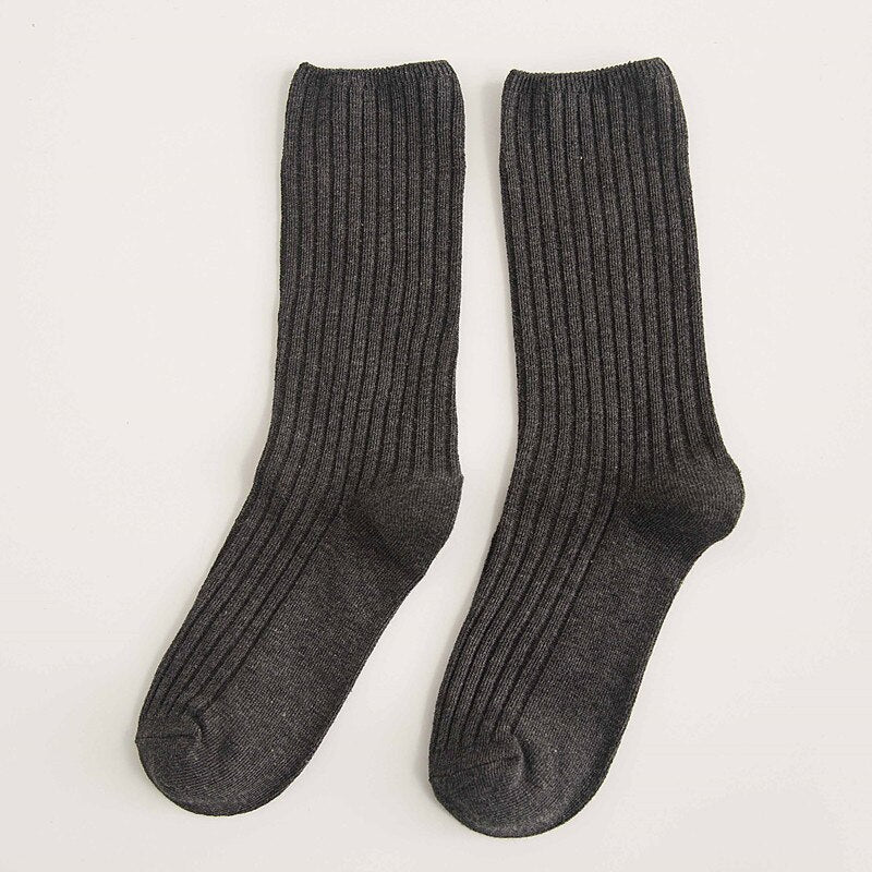 Anyfootwear 5 Pairs One Size 36-43 Gray Retro Long Knitted Socks Cotton Autumn Winter Solid Color Women Student Girls