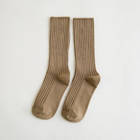 Anyfootwear 5 Pairs One Size 36-43 Khaki Retro Long Knitted Socks Cotton Autumn Winter Solid Color Women Student Girls