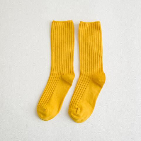 Anyfootwear 5 Pairs One Size 36-43 Yellow Retro Long Knitted Socks Cotton Autumn Winter Solid Color Women Student Girls