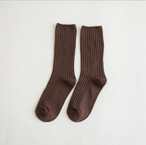 Anyfootwear 5 Pairs One Size 36-43 Brown Retro Long Knitted Socks Cotton Autumn Winter Solid Color Women Student Girls