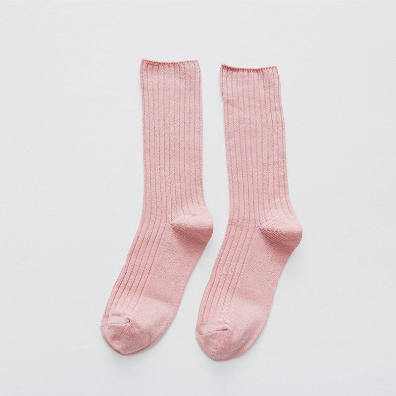 Anyfootwear 5 Pairs One Size 36-43 Pink Retro Long Knitted Socks Cotton Autumn Winter Solid Color Women Student Girls