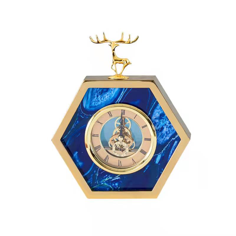 ANYHOUZ 23cm Hexagon Gold Desk Clock with Deer Head Tabletop Home Decor Modern Art Living Room Display House Decorative Crafts Metal Ornaments