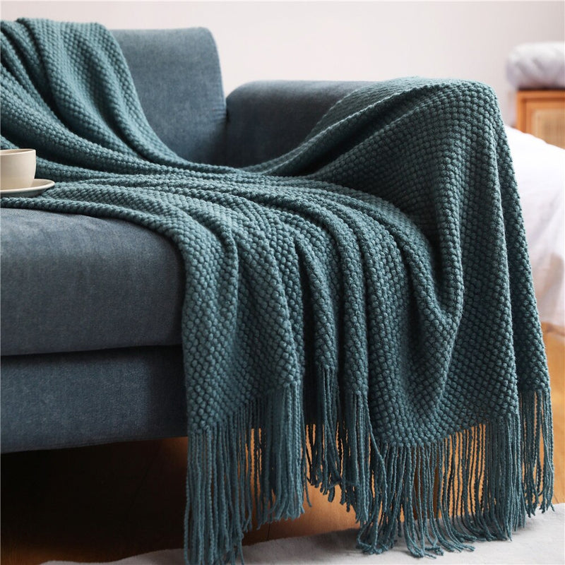 Anycozy White Knitted Waffle Throw Blanket Tassel 130x230cm