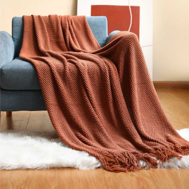 Anycozy Pink Knitted Waffle Throw Blanket Tassel 130x230cm
