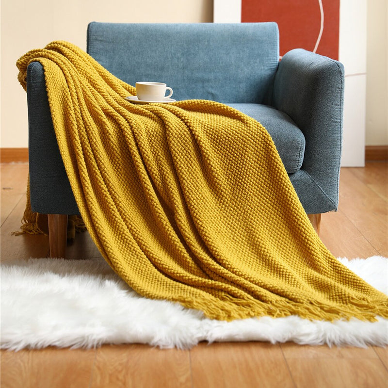 Anycozy Yellow Knitted Waffle Throw Blanket Tassel 130x230cm