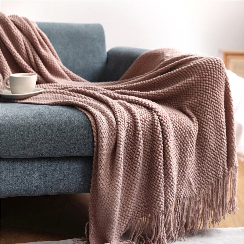 Anycozy Pink Knitted Waffle Throw Blanket Tassel 130x230cm