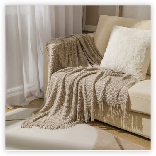 Anycozy Khaki Knitted Waffle Throw Blanket Tassel 130x230cm