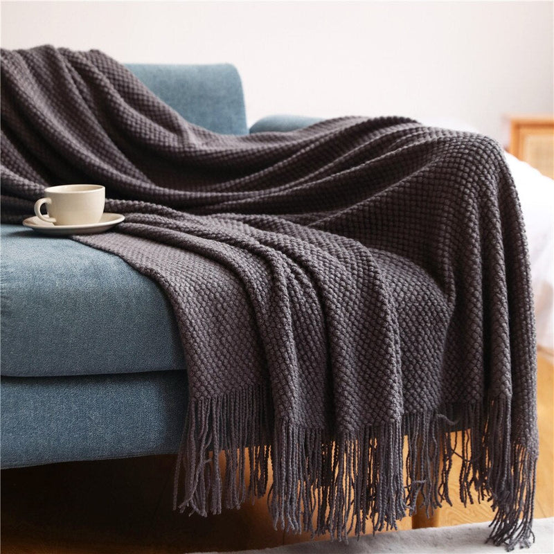 Anycozy Dark Gray Knitted Throw Blanket Waffle Tassel 127x172cm