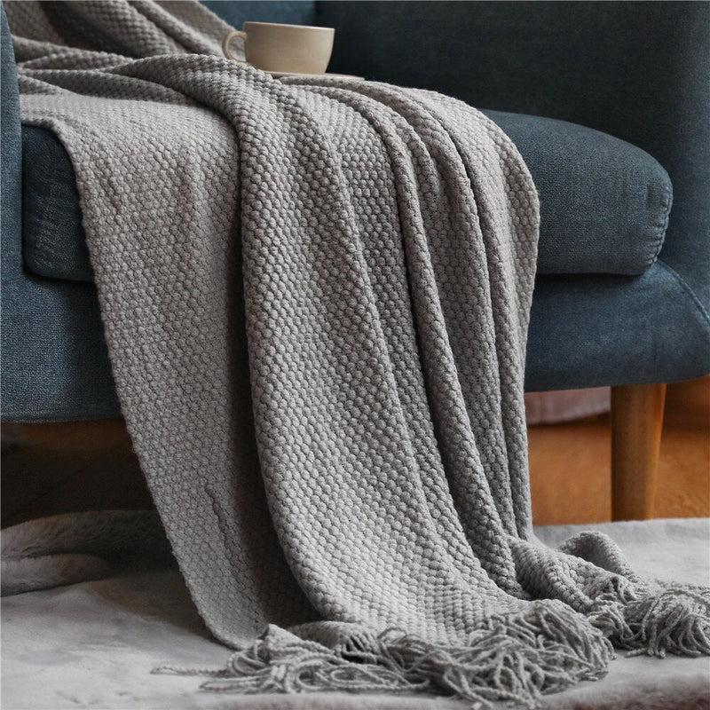 Anycozy Light Gray Knitted Waffle Throw Blanket Tassel 130x230cm