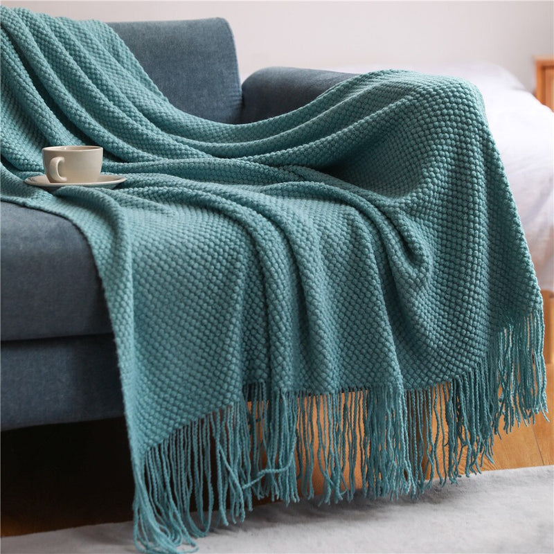 Anycozy Light Green Knitted Waffle Throw Blanket Tassel 127x172cm