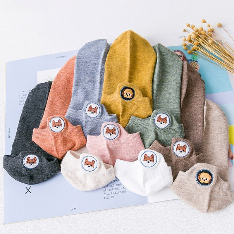 Anyfootwear 5 Pairs One Size 4-5 Mustard Fashion Funny Unisex Stereoscopic Heel Embroidered Women Candy Color Cotton Short Cute Socks