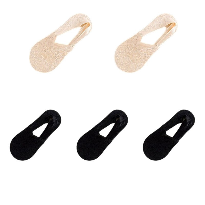 Anyfootwear 5 Pairs Size 5-9 Fashion Socks Lace Flower Style Breathable Antiskid Invisible Ankle Socks for Women (2 Beige, 3 Black)