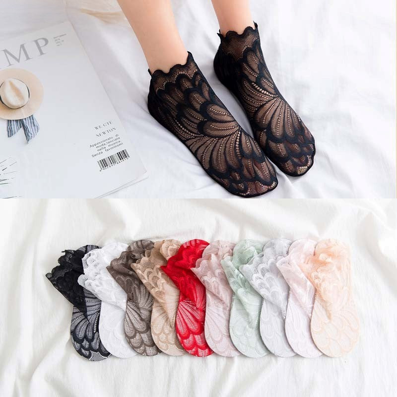 Anyfootwear 5 Pairs Women’s Off White Summer Socks Lace Peacock Flower Ankle
