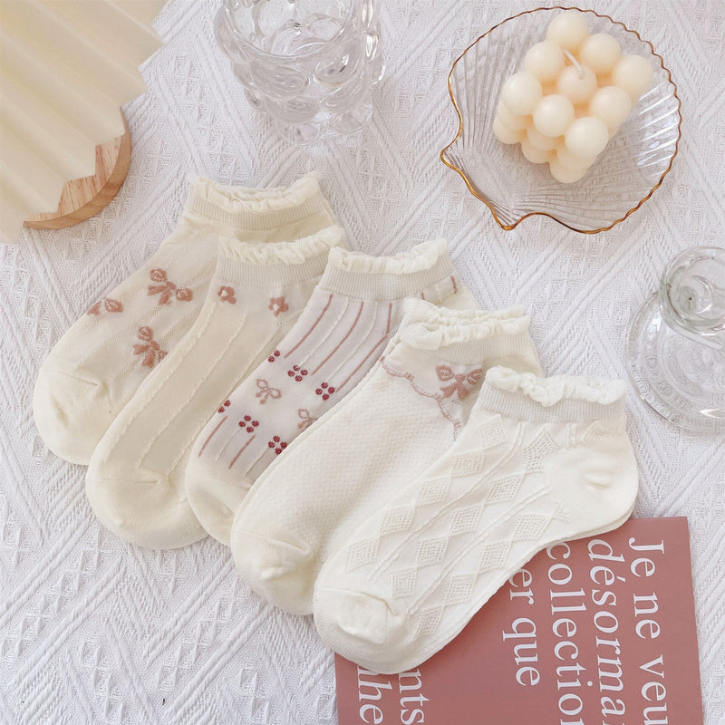 Anyfootwear 5 Pairs One Size 35-40 Cute Summer Short Boat Invisible Chaussette Ribbon Print Cotton Ankle  Breathable Women Sock