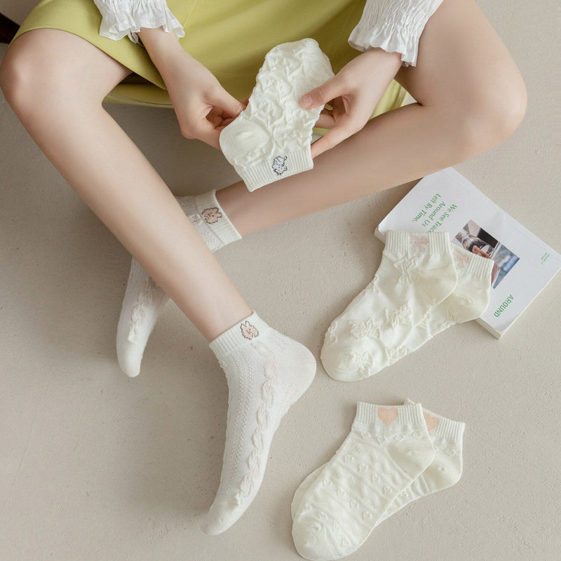 Anyfootwear 5 Pairs One Size 35-40 Women Socks Summer Cute Cartoon Heart Print White Female Casual Socks