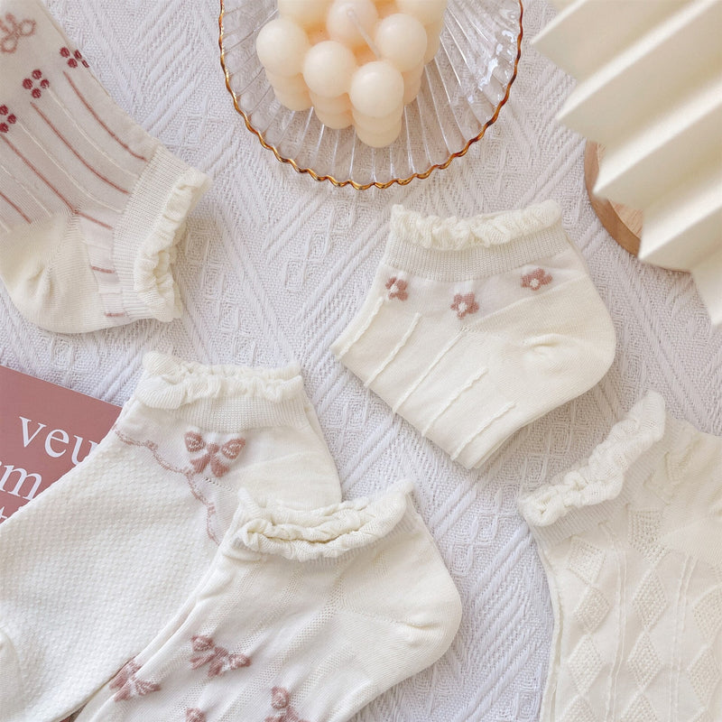 Anyfootwear 5 Pairs One Size 35-40 Summer Short Boat Invisible Chaussette Ribbon Print Cotton Ankle  Breathable Women Sock