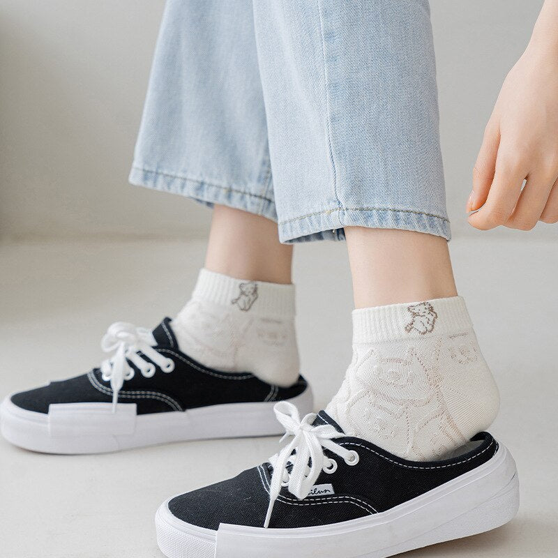 Anyfootwear 5 Pairs One Size 35-40 Women Socks Summer Cute Cartoon Heart Print White Female Casual Socks