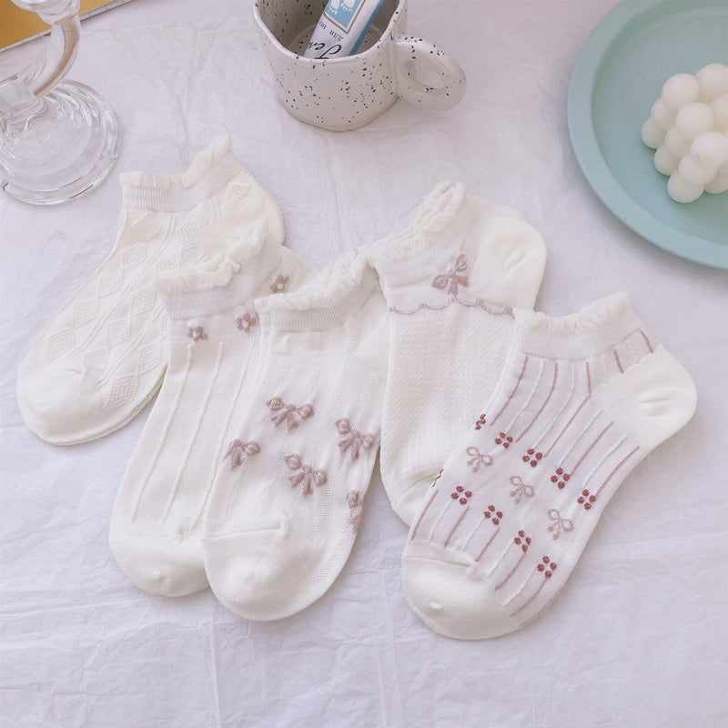 Anyfootwear 5 Pairs One Size 35-40 Cute Summer Short Boat Invisible Chaussette Ribbon Print Cotton Ankle  Breathable Women Sock