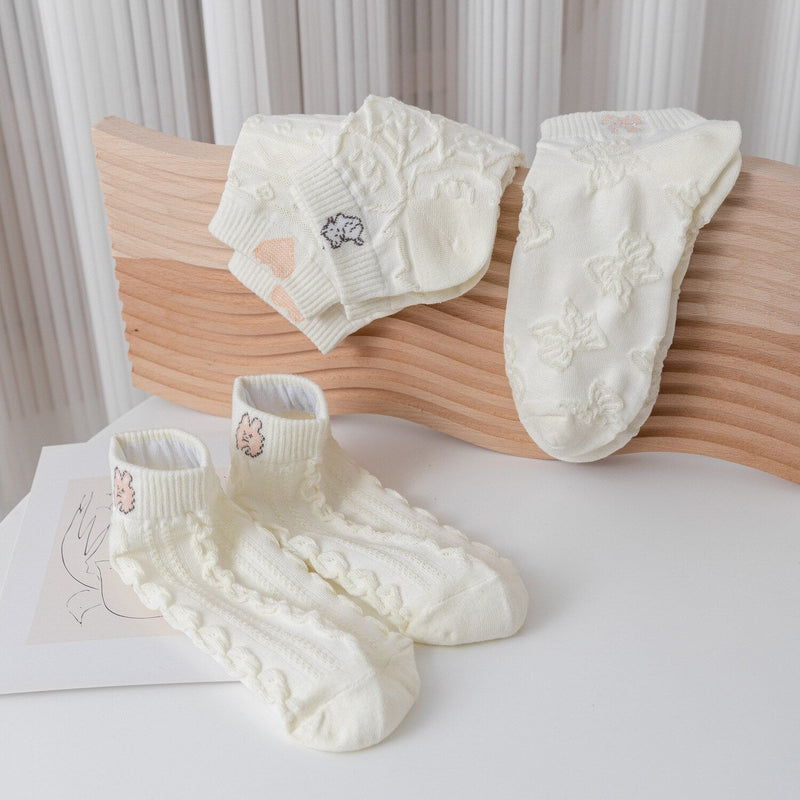 Anyfootwear 5 Pairs One Size 35-40 Women Socks Summer Cute Cartoon Animal Rabbit Bear Cat Ribbon Heart Print White Female Casual Random Socks