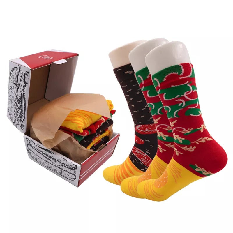 Anyfootwear 3 Pairs Multi-color Black Size 5-11 Fashion Socks With Pizza Sushi Design Happy Harajuku Skate Cotton Comfortable To Wear Christmas Gift