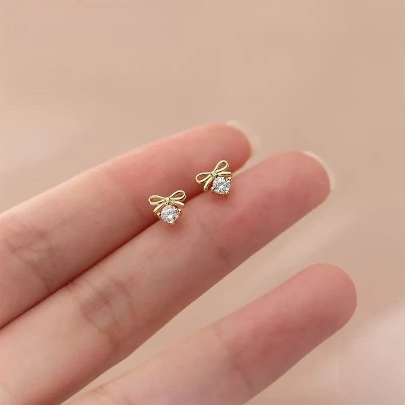 ANYCO Fashion Earrings Gold 925 Sterling Silver Sweet Bowknot Crystal Zircon Small Stud for Women Ladies Jewelry