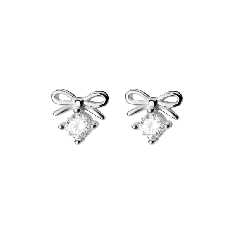 ANYCO Fashion Earrings Silver 925 Sterling Sweet Bowknot Crystal Zircon Small Stud for Women Ladies Jewelry