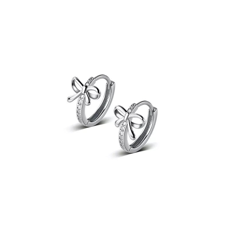 ANYCO Fashion Earrings Silver 925 Sterling Sweet Bow Shiny Zircon Ear Buckle Charm Women Wedding Huggies Butterfly Hoop Jewelry