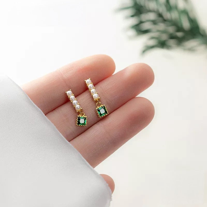 ANYCO Fashion Earrings Gold 925 Sterling Simple Luxury Green Zircon Pearl Pendant Stud for Women Spanish Wedding Fine Jewelry