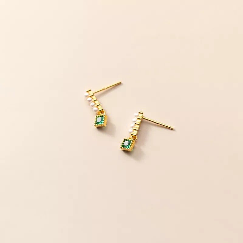 ANYCO Fashion Earrings Gold 925 Sterling Simple Luxury Green Zircon Pearl Pendant Stud for Women Spanish Wedding Fine Jewelry