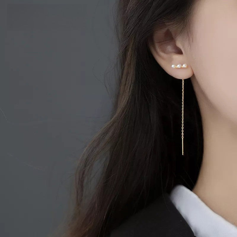 ANYCO Fashion Earrings Gold 925 Sterling Simple Synthetic Pearl Chain Tassel Long Ear Line for Women Cute Party Jewelry Gift