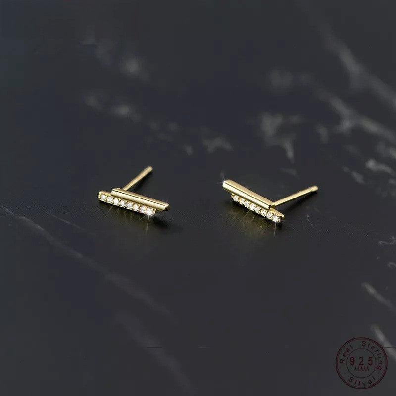 ANYCO Fashion Earrings Gold Strip Shiny Zircon Small Stud Simple Unique Elegant Party Jewelry for Women