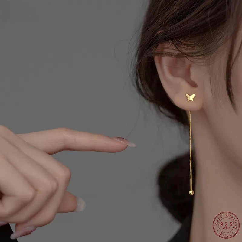 ANYCO Fashion Earrings Gold 925 Sterling Silver Sweet Romantic Butterfly Tassel Ear Line Drop for Women Jewelry Gift