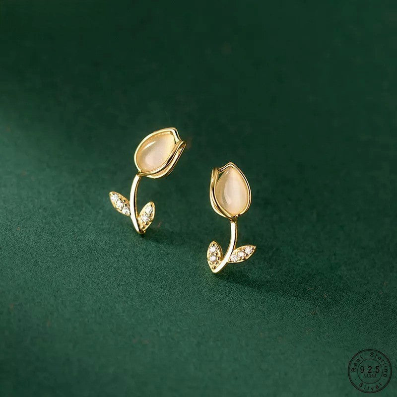 ANYCO Fashion Earrings Gold  925 Sterling Silver Romantic Statement Tulip Stud for Women Flower Jewelry