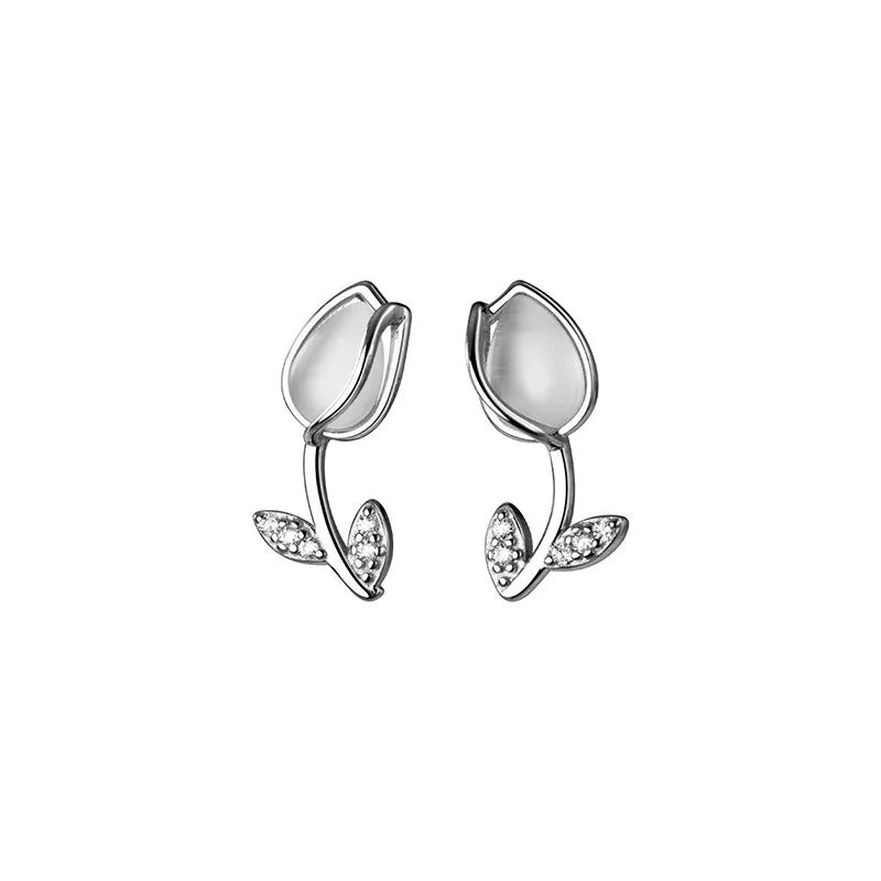 ANYCO Fashion Earrings Silver 925 Sterling Romantic Statement Tulip Stud for Women Flower Jewelry