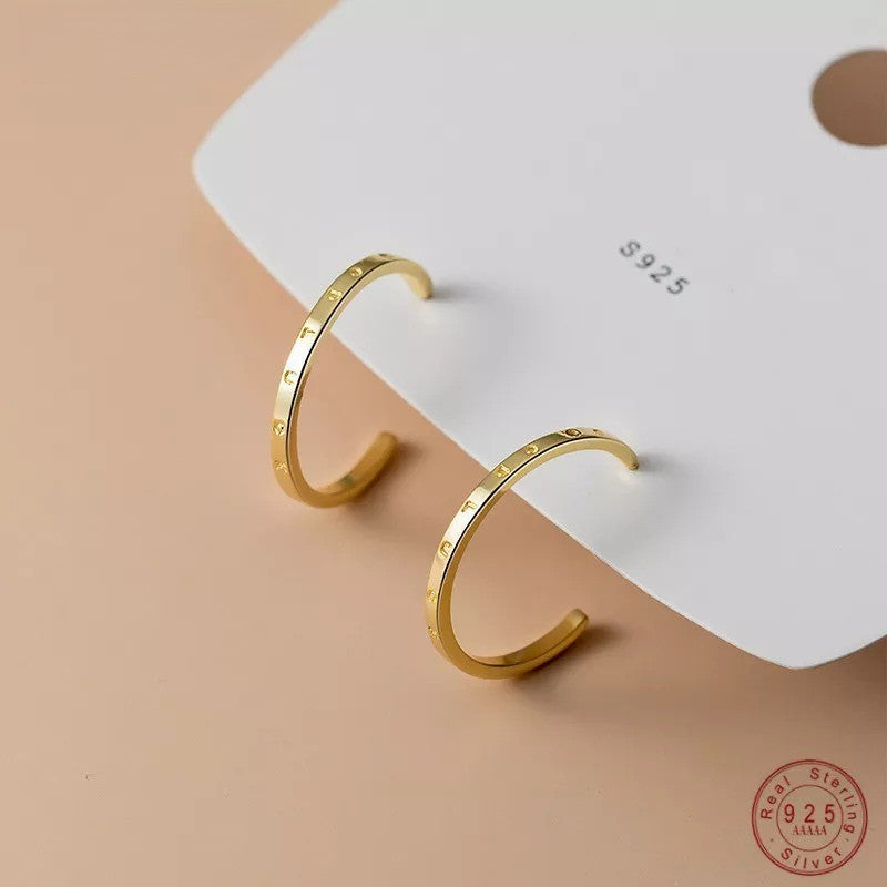 ANYCO Fashion Earrings Gold 925 Sterling Silver Simple Huggies Circle Initials Stud for Women Jewelry